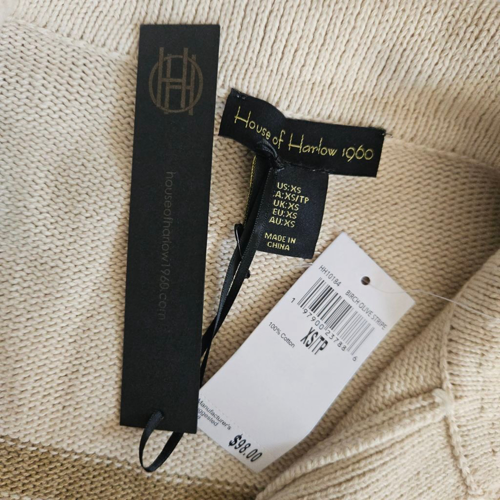House of Harlow Birch Olive Stripe Knit Collared Pullover Sweater Neutral XS Nwt - Picture 2 of 5